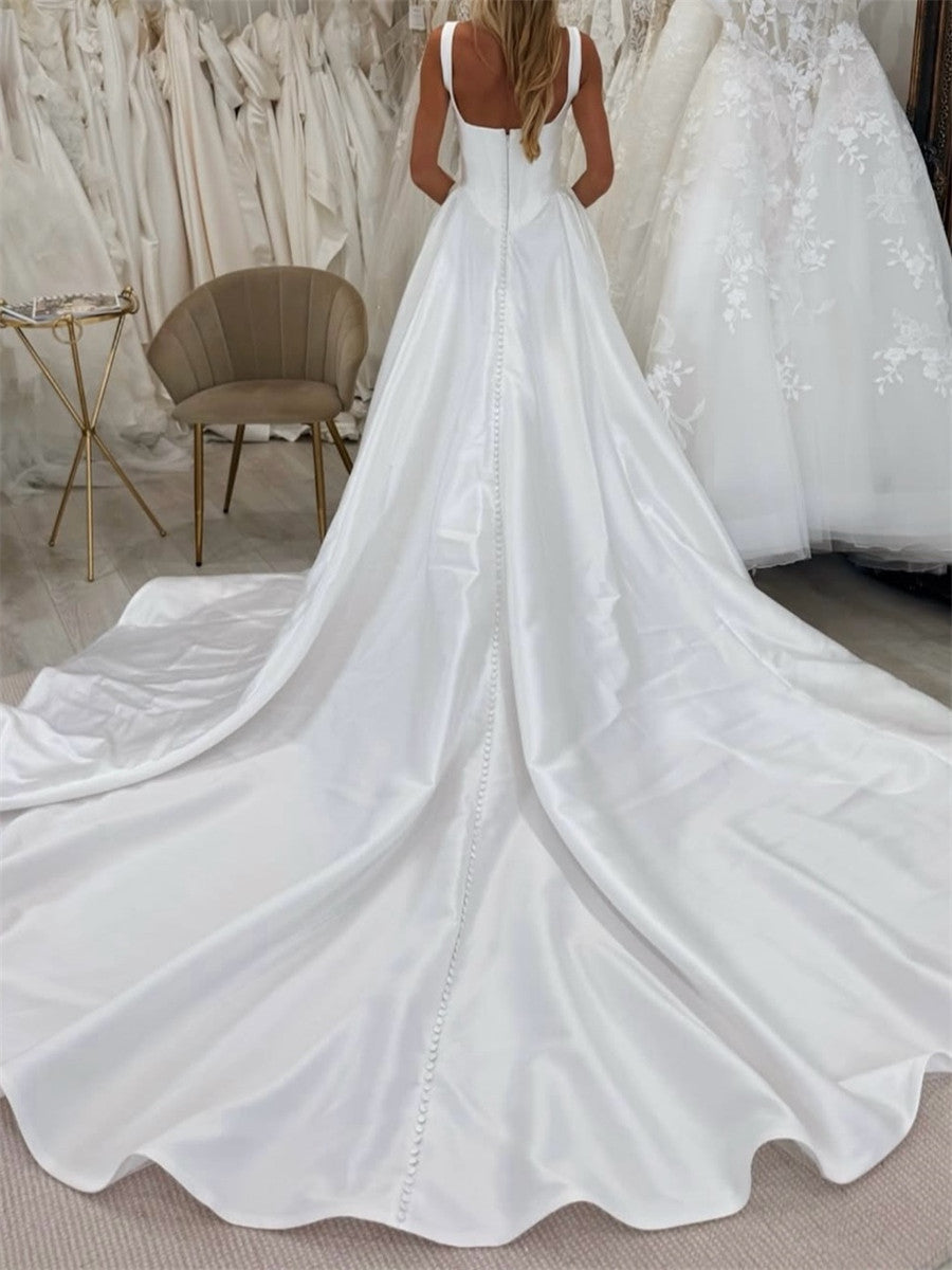 A-line/Princess Straps Cathedral Train Satin Corset Wedding Dress