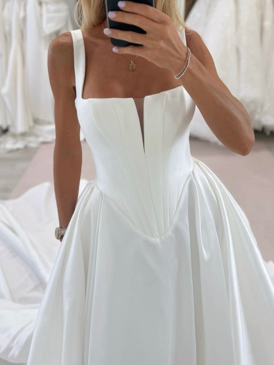 A-line/Princess Straps Cathedral Train Satin Corset Wedding Dress