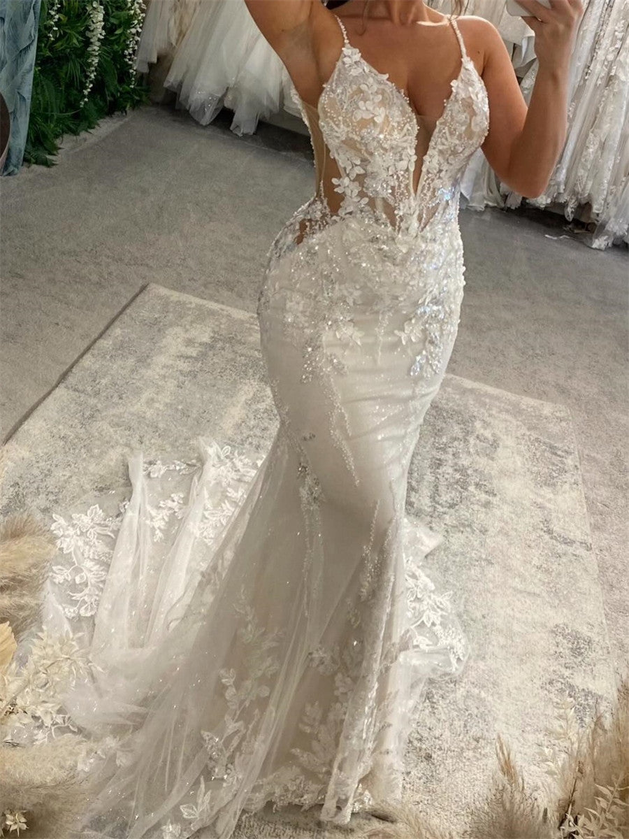 Sheath/Column V-neck Appliques Lace Cathedral Train Tulle Corset Wedding Dress