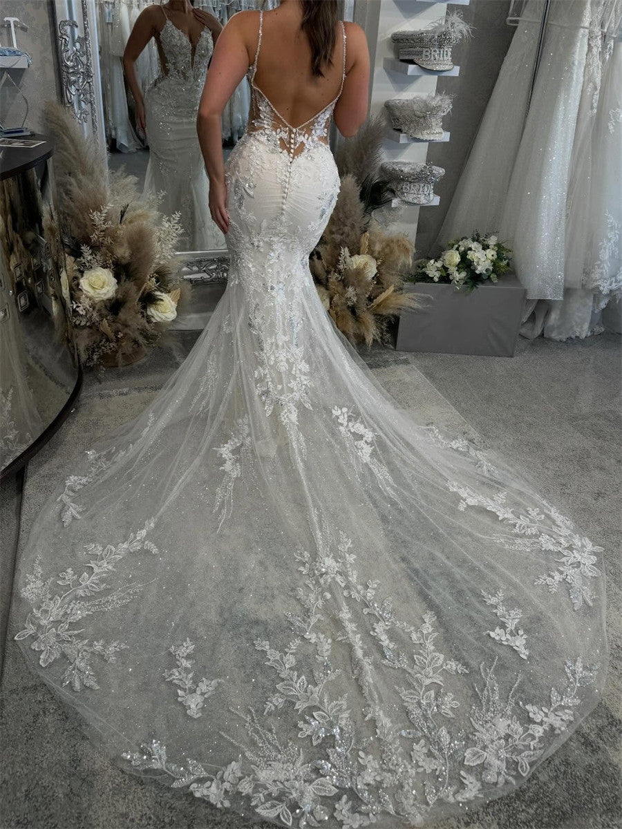 Sheath/Column V-neck Appliques Lace Cathedral Train Tulle Corset Wedding Dress