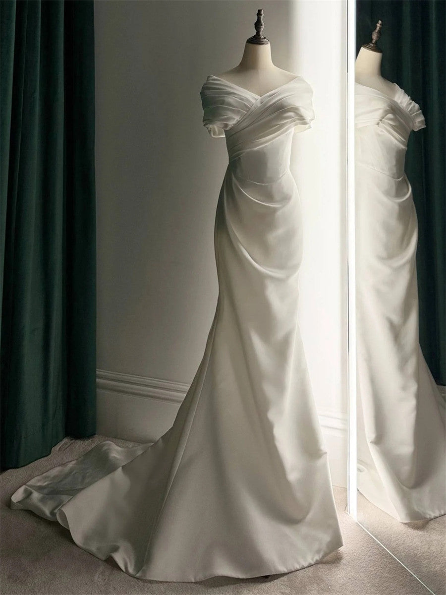 Sheath/Column V-neck Pleated Court Train Silk Like Satin Corset Wedding Dress