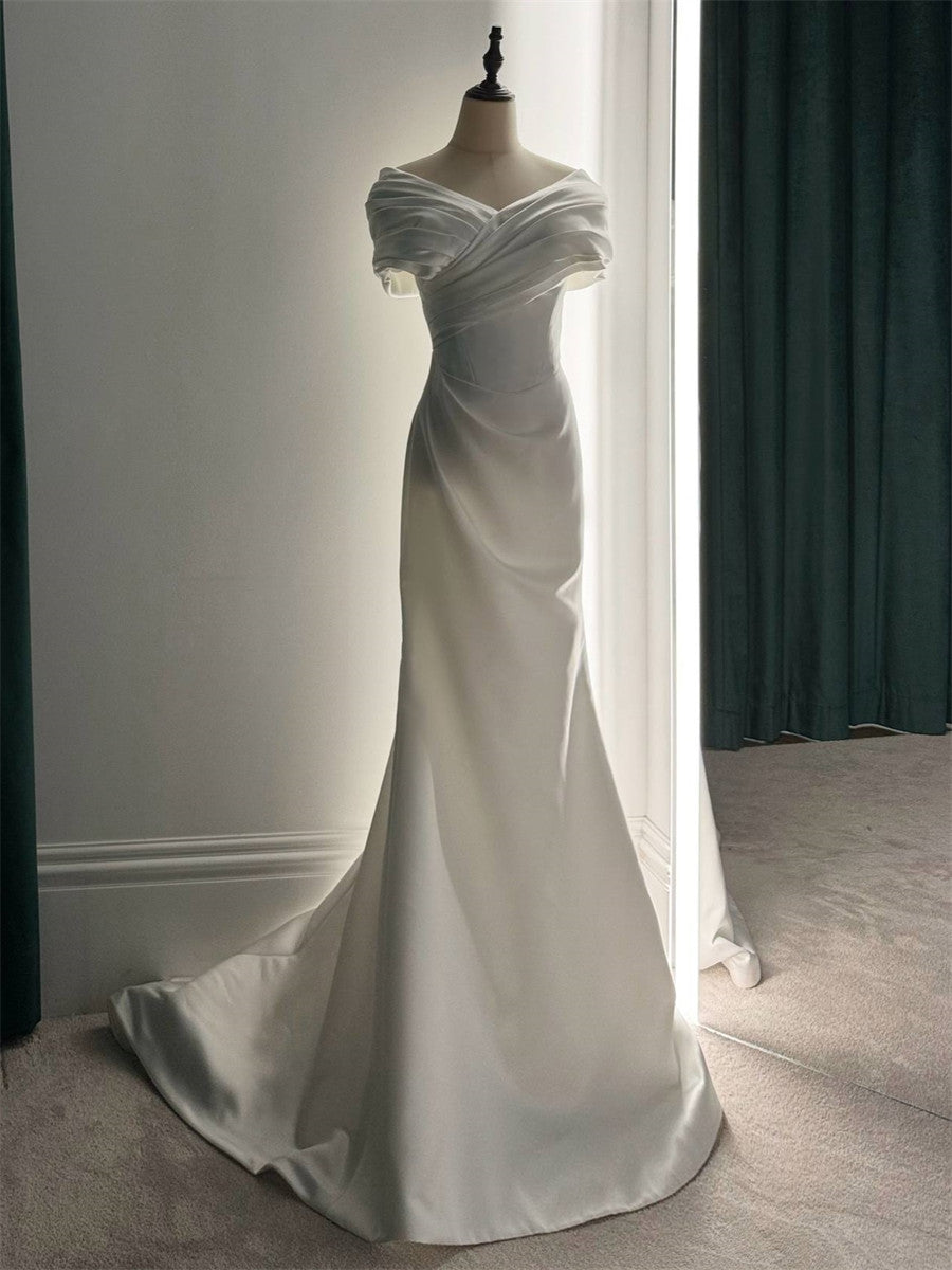Sheath/Column V-neck Pleated Court Train Silk Like Satin Corset Wedding Dress