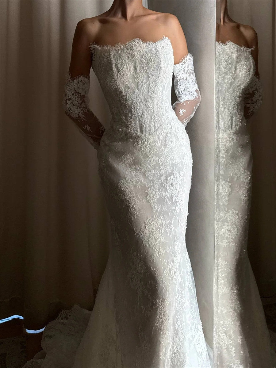 Sheath/Column Straight Long Sleeves Appliques Lace Sweep Train Lace Corset Wedding Dress