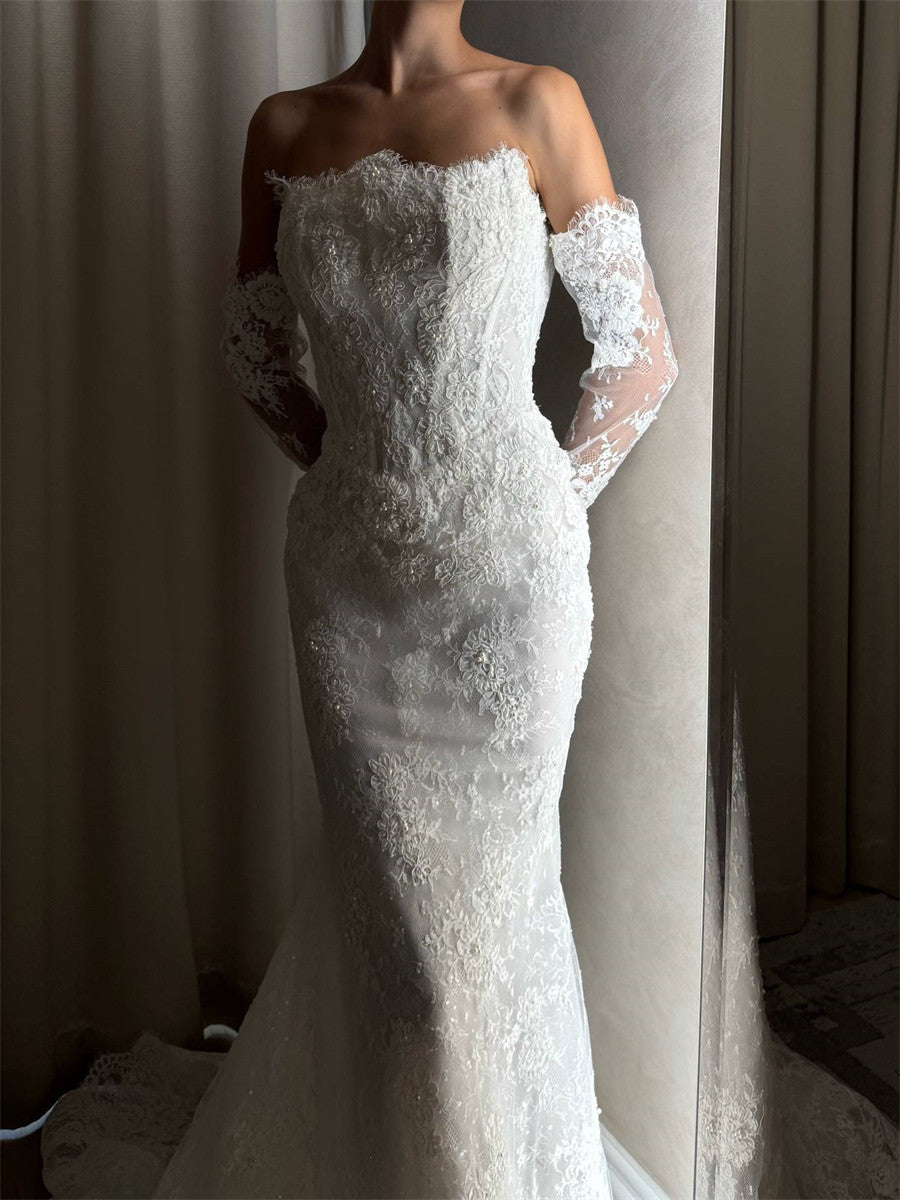 Sheath/Column Straight Long Sleeves Appliques Lace Sweep Train Lace Corset Wedding Dress