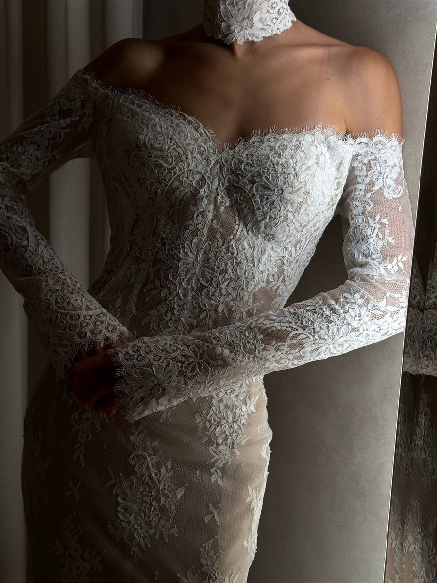 Sheath/Column Off-the-Shoulder Long Sleeves Appliques Lace Court Train Lace Corset Wedding Dress