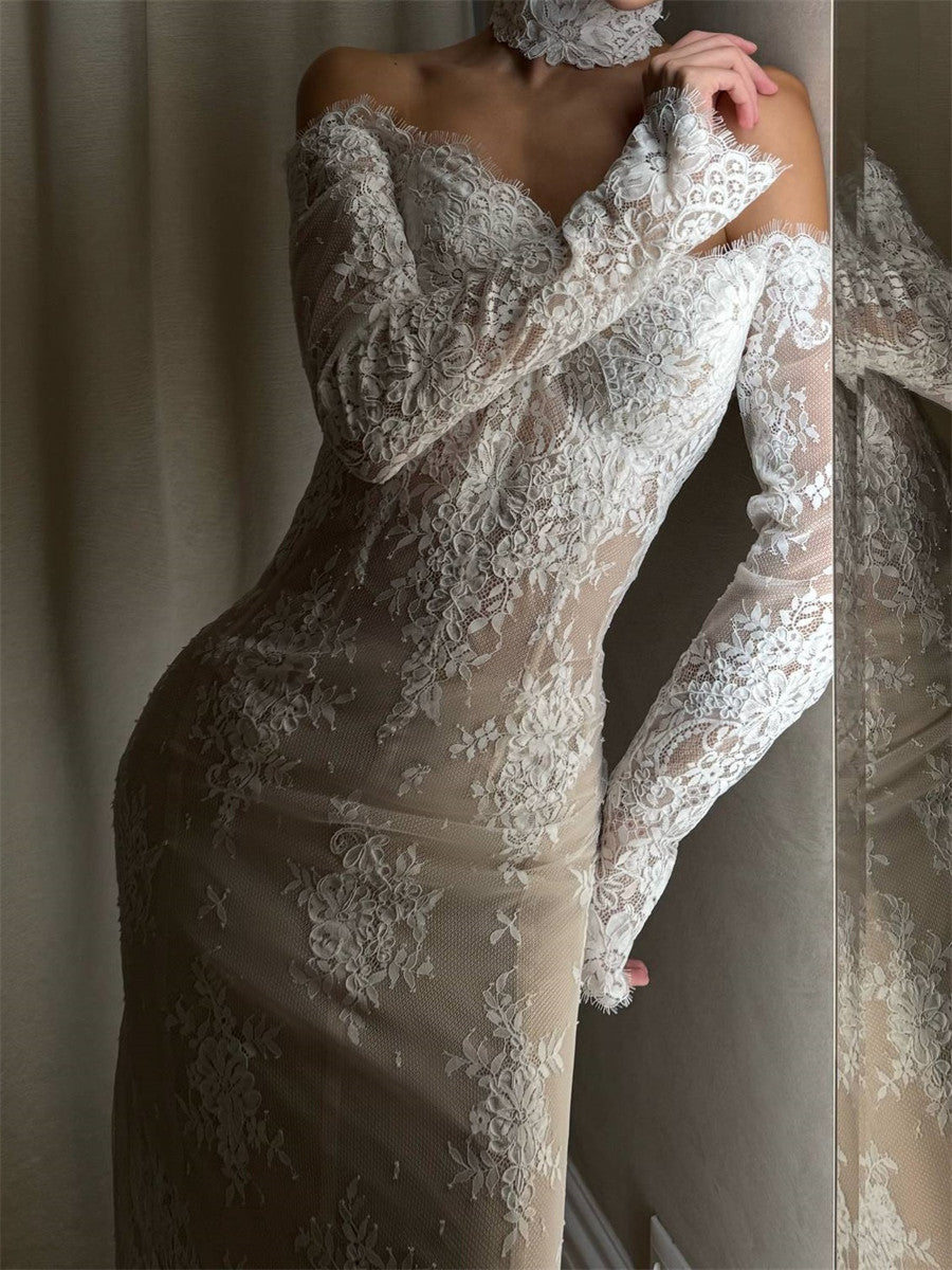 Sheath/Column Off-the-Shoulder Long Sleeves Appliques Lace Court Train Lace Corset Wedding Dress