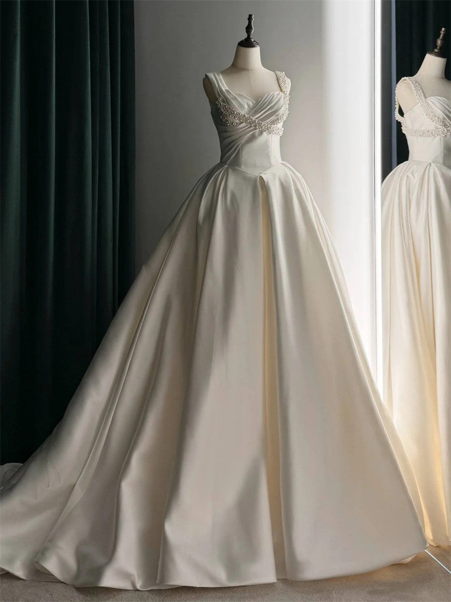 A-line/Princess Straps Beading Court Train Satin Corset Wedding Dress