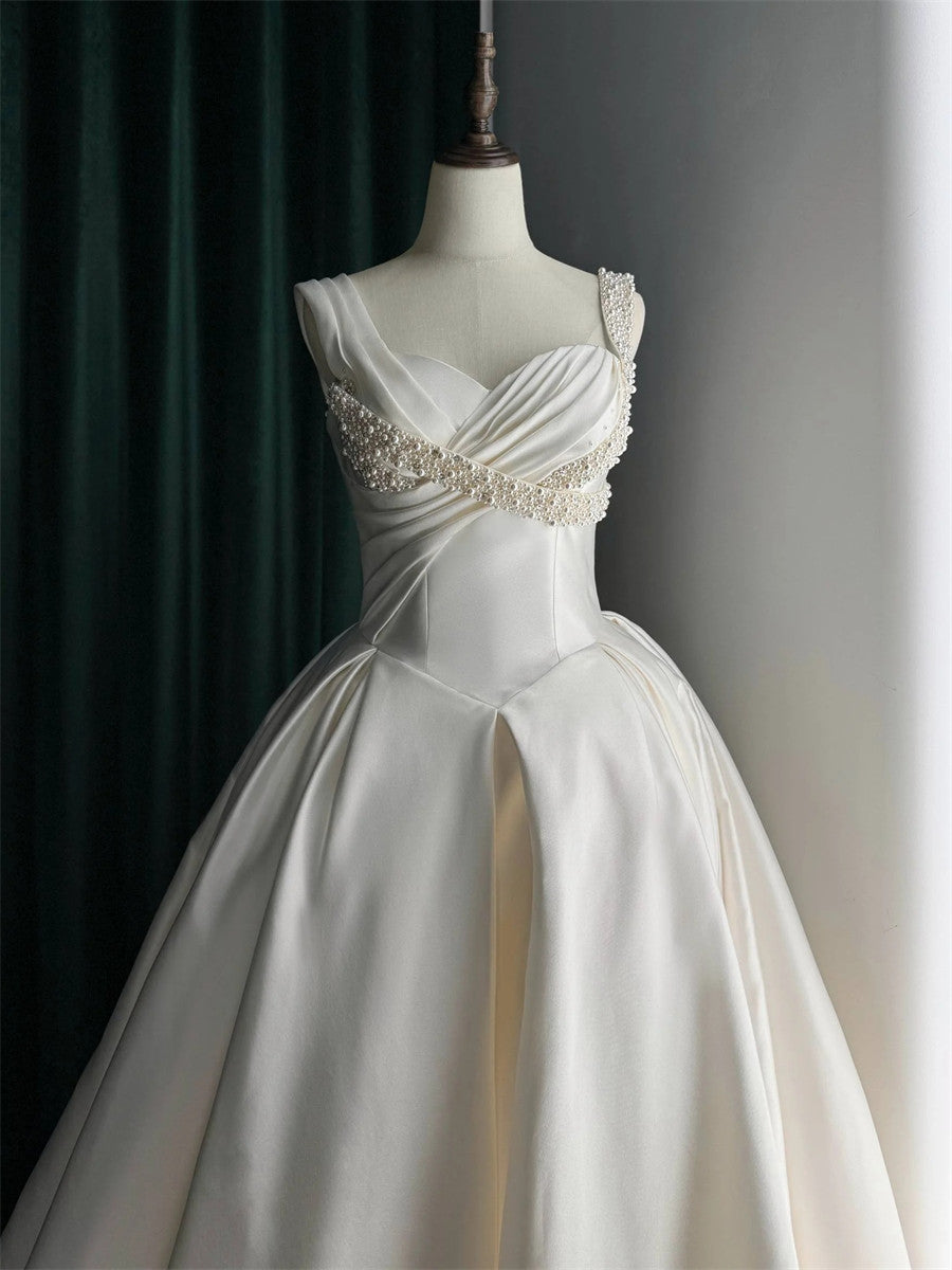 A-line/Princess Straps Beading Court Train Satin Corset Wedding Dress