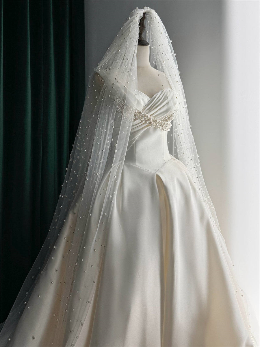 A-line/Princess Straps Beading Court Train Satin Corset Wedding Dress