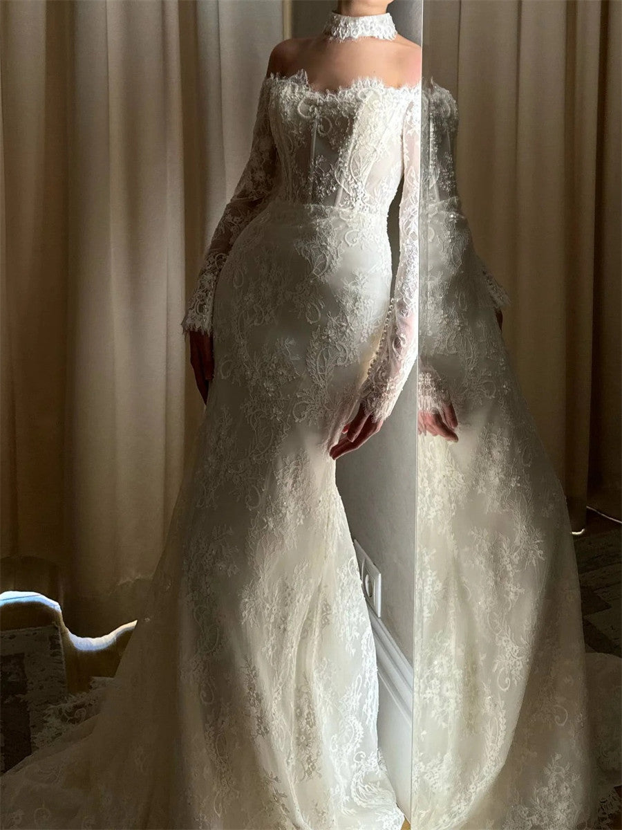 Sheath/Column Off-the-Shoulder Long Sleeves Appliques Lace Court Train Lace Corset Wedding Dress
