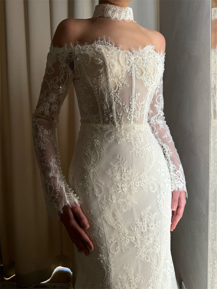 Sheath/Column Off-the-Shoulder Long Sleeves Appliques Lace Court Train Lace Corset Wedding Dress