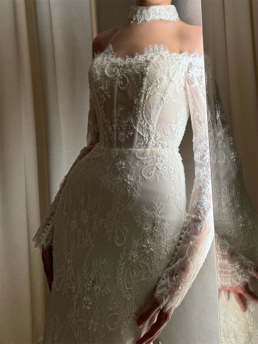 Sheath/Column Off-the-Shoulder Long Sleeves Appliques Lace Court Train Lace Corset Wedding Dress