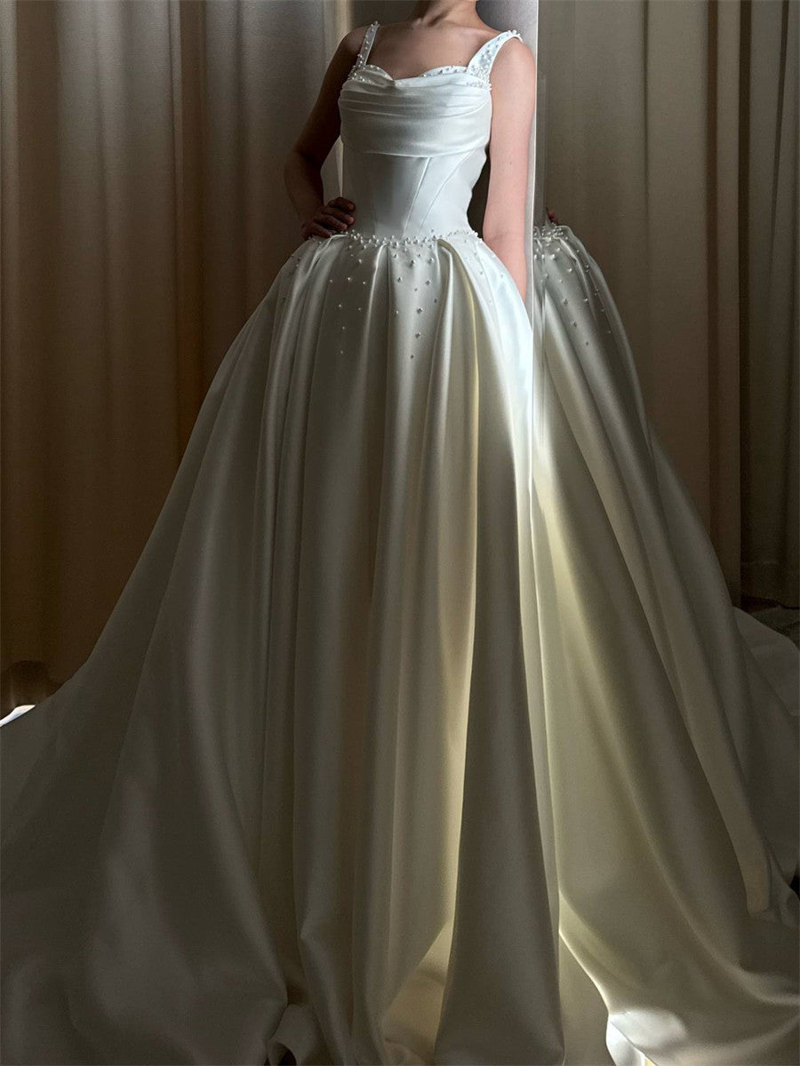 A-line/Princess Straps Beading Court Train Satin Corset Wedding Dress