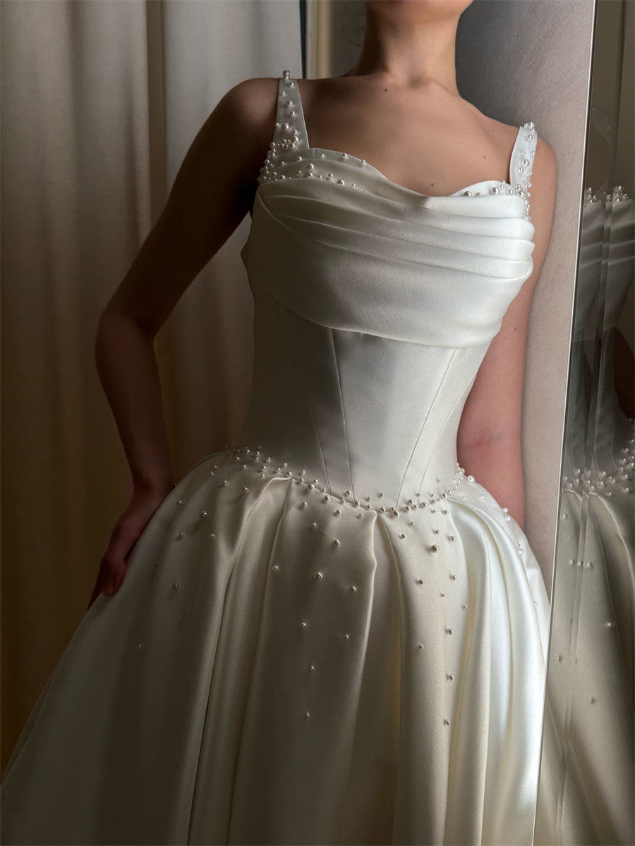 A-line/Princess Straps Beading Court Train Satin Corset Wedding Dress