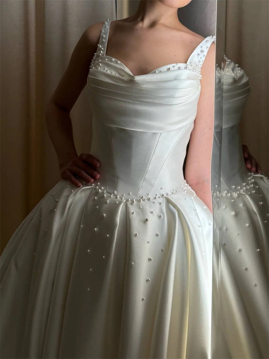 A-line/Princess Straps Beading Court Train Satin Corset Wedding Dress