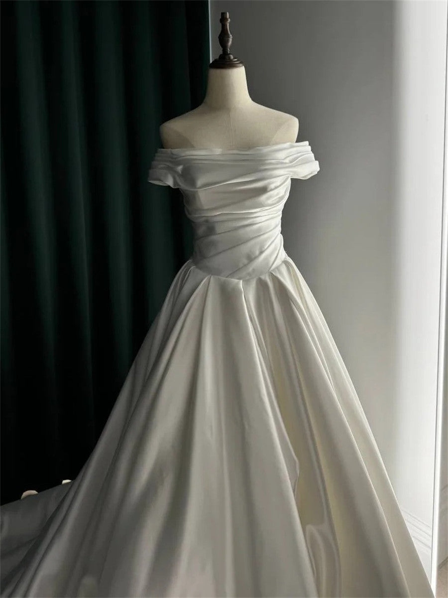 A-line/Princess Off-the-Shoulder Pleated Court Train Satin Corset Wedding Dress