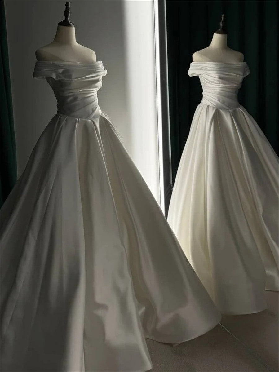 A-line/Princess Off-the-Shoulder Pleated Court Train Satin Corset Wedding Dress