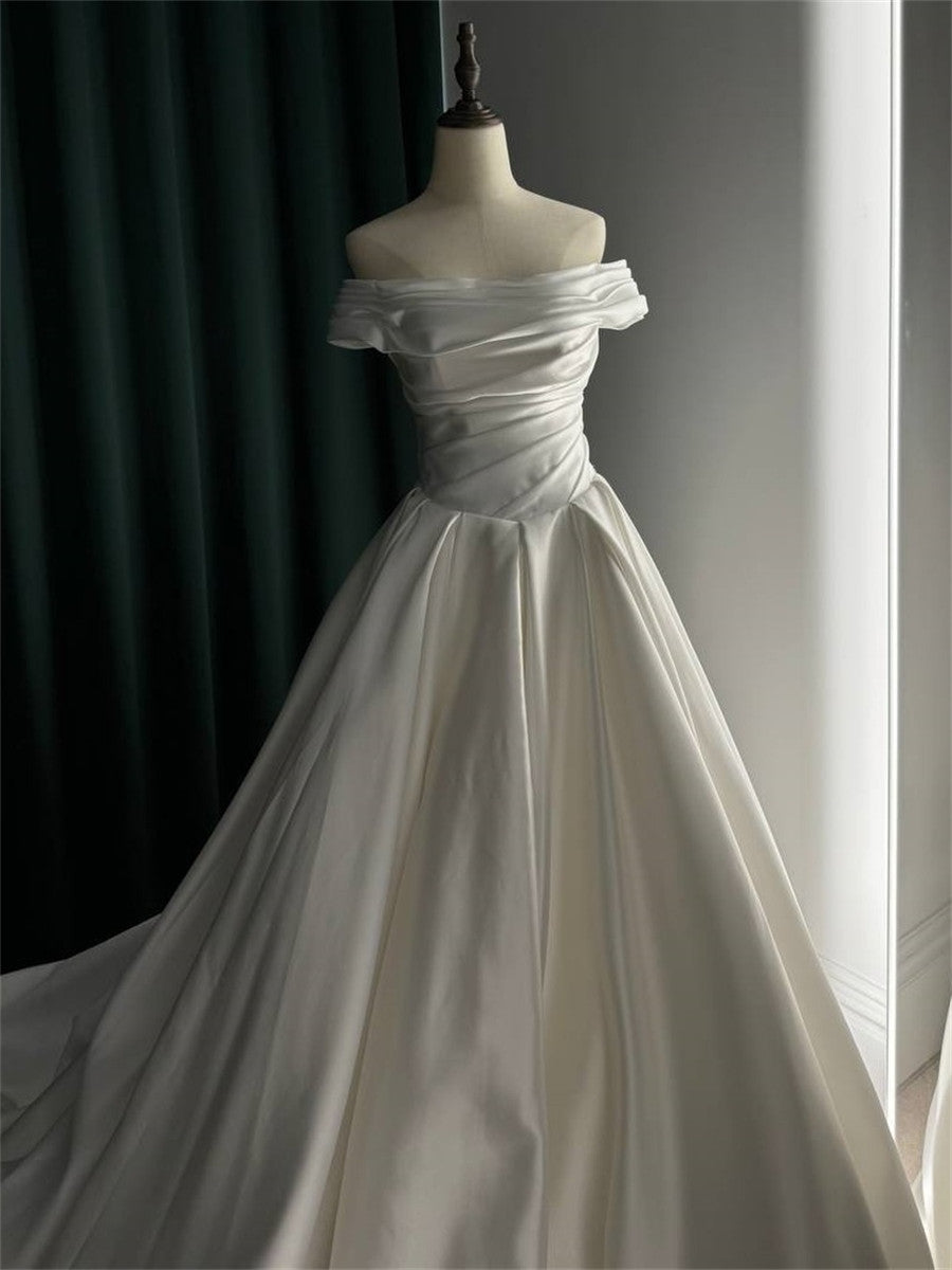 A-line/Princess Off-the-Shoulder Pleated Court Train Satin Corset Wedding Dress