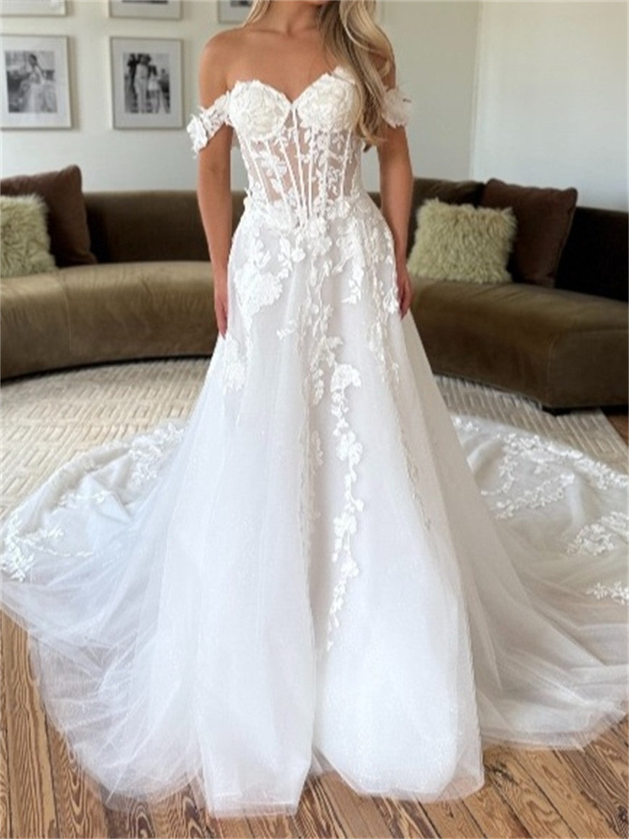 A-line/Princess Off-the-Shoulder Appliques Lace Chapel Train Tulle Corset Wedding Dress