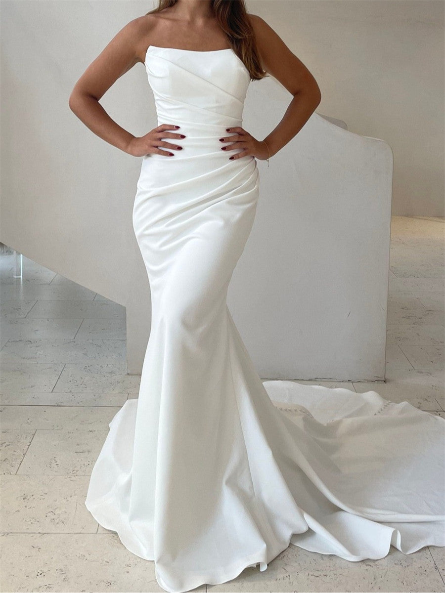 Sheath/Column Straight Pleated Chapel Train Charmeuse Corset Wedding Dress