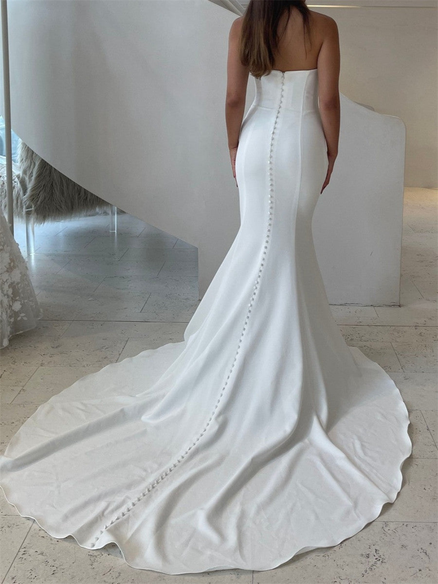Sheath/Column Straight Pleated Chapel Train Charmeuse Corset Wedding Dress
