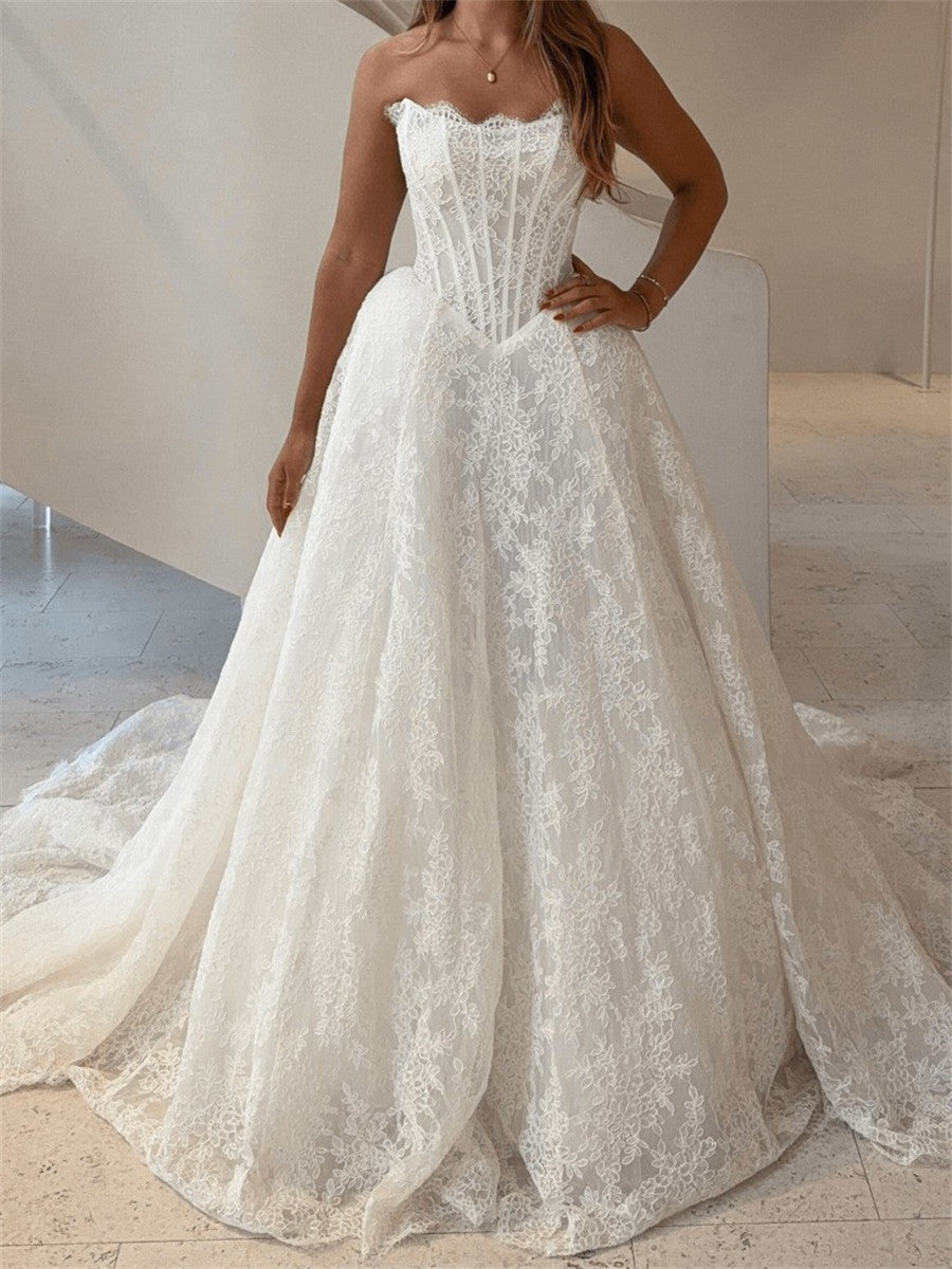 A-line/Princess Straight Appliques Lace Chapel Train Lace Corset Wedding Dress