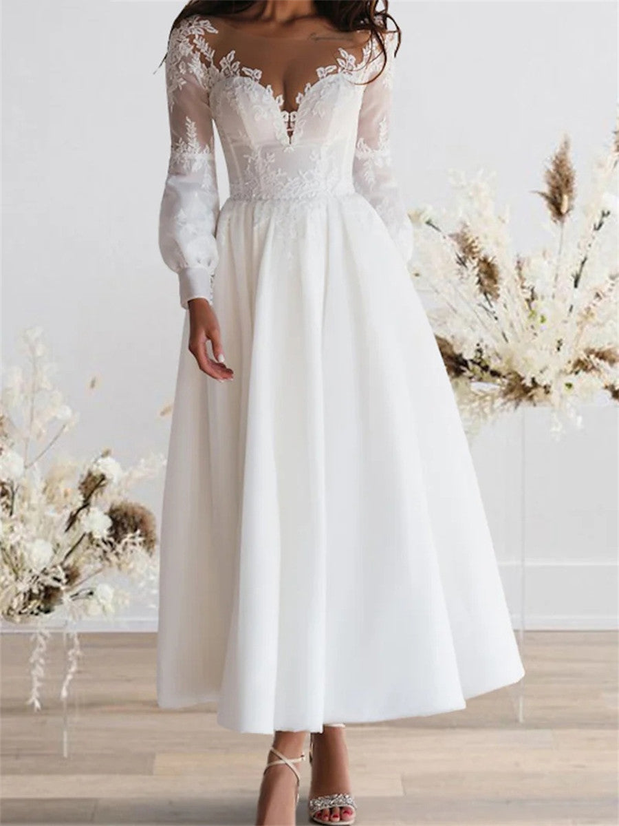 A-line/Princess Scoop Long Sleeves Appliques Lace Ankle-Length Stretch Crepe Corset Wedding Dress