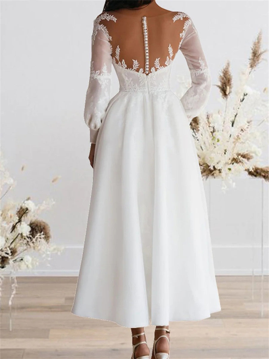 A-line/Princess Scoop Long Sleeves Appliques Lace Ankle-Length Stretch Crepe Corset Wedding Dress