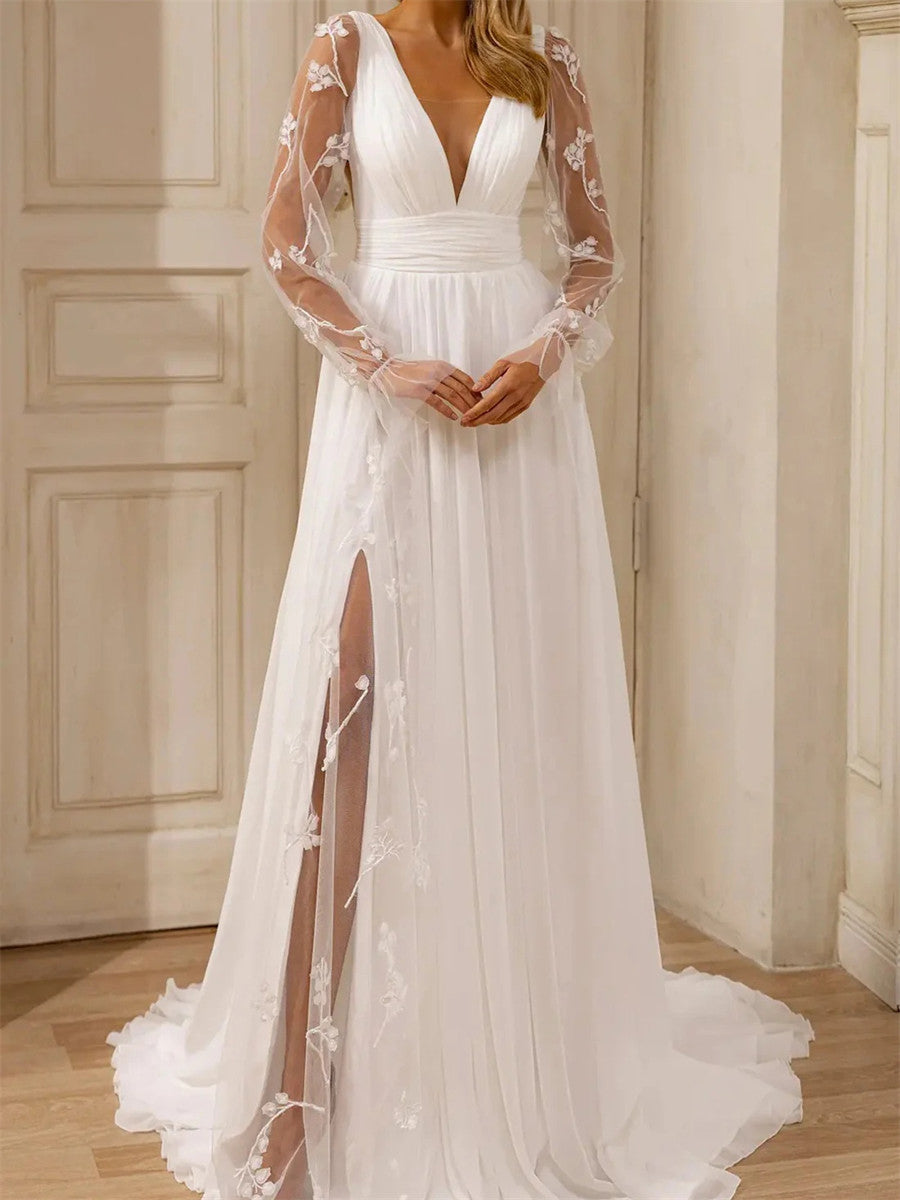 A-line/Princess V-neck Long Sleeves Appliques Lace Sweep Train Chiffon Corset Wedding Dress