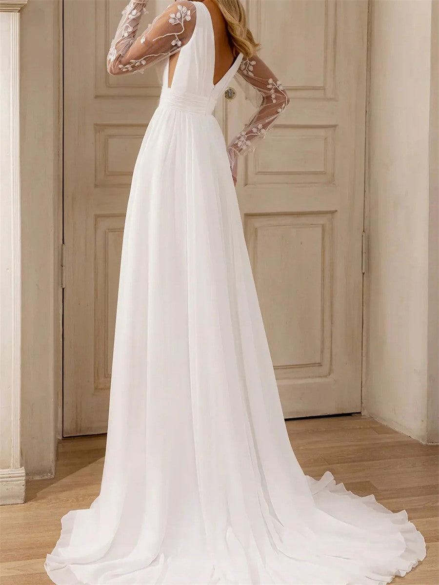 A-line/Princess V-neck Long Sleeves Appliques Lace Sweep Train Chiffon Corset Wedding Dress