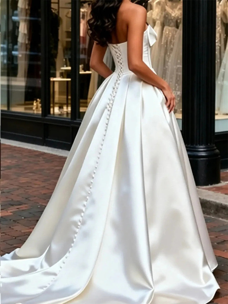 A-line/Princess Straight Bow Court Train Satin Corset Wedding Dress