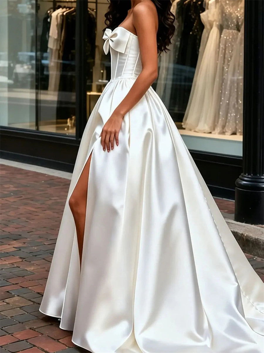 A-line/Princess Straight Bow Court Train Satin Corset Wedding Dress