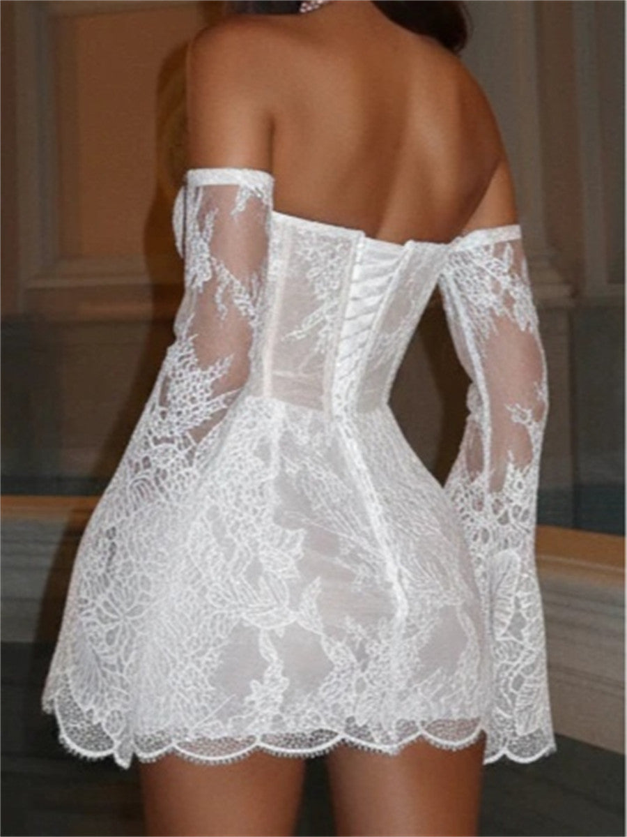 Sheath/Column Sweetheart Long Sleeves Appliques Lace Short/Mini Lace Corset Wedding Dress