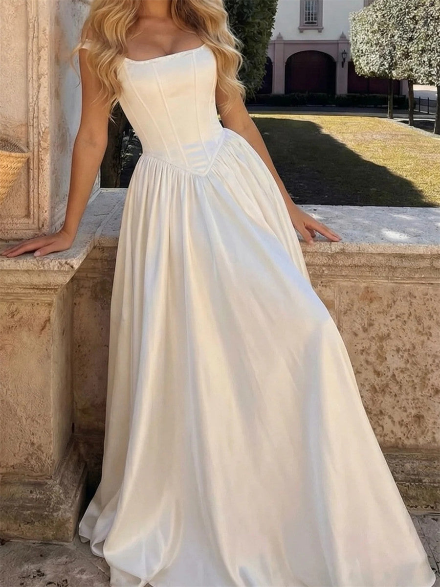 A-line/Princess Straps Floor-Length Silk Like Satin Corset Wedding Dress