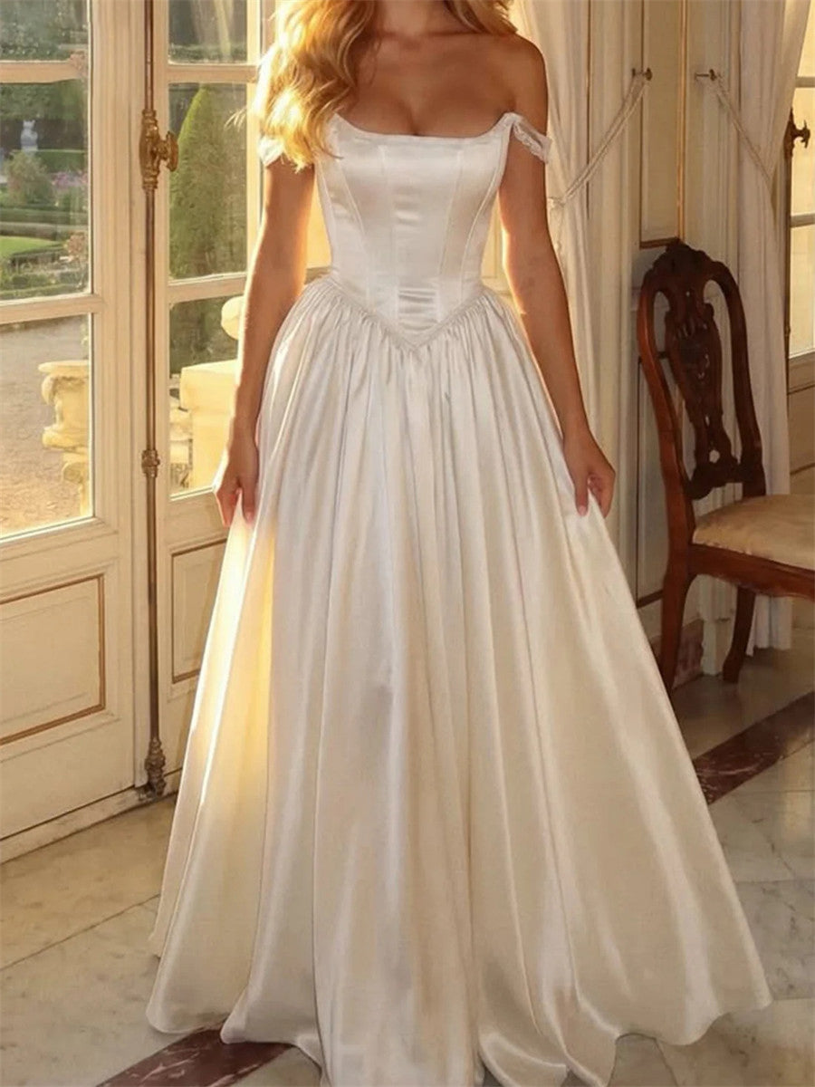 A-line/Princess Straps Floor-Length Silk Like Satin Corset Wedding Dress