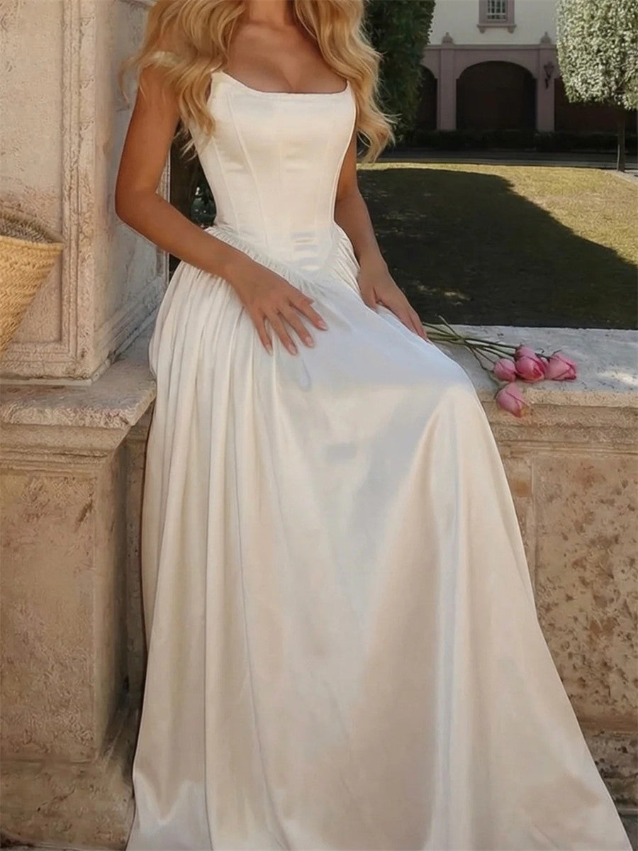 A-line/Princess Straps Floor-Length Silk Like Satin Corset Wedding Dress