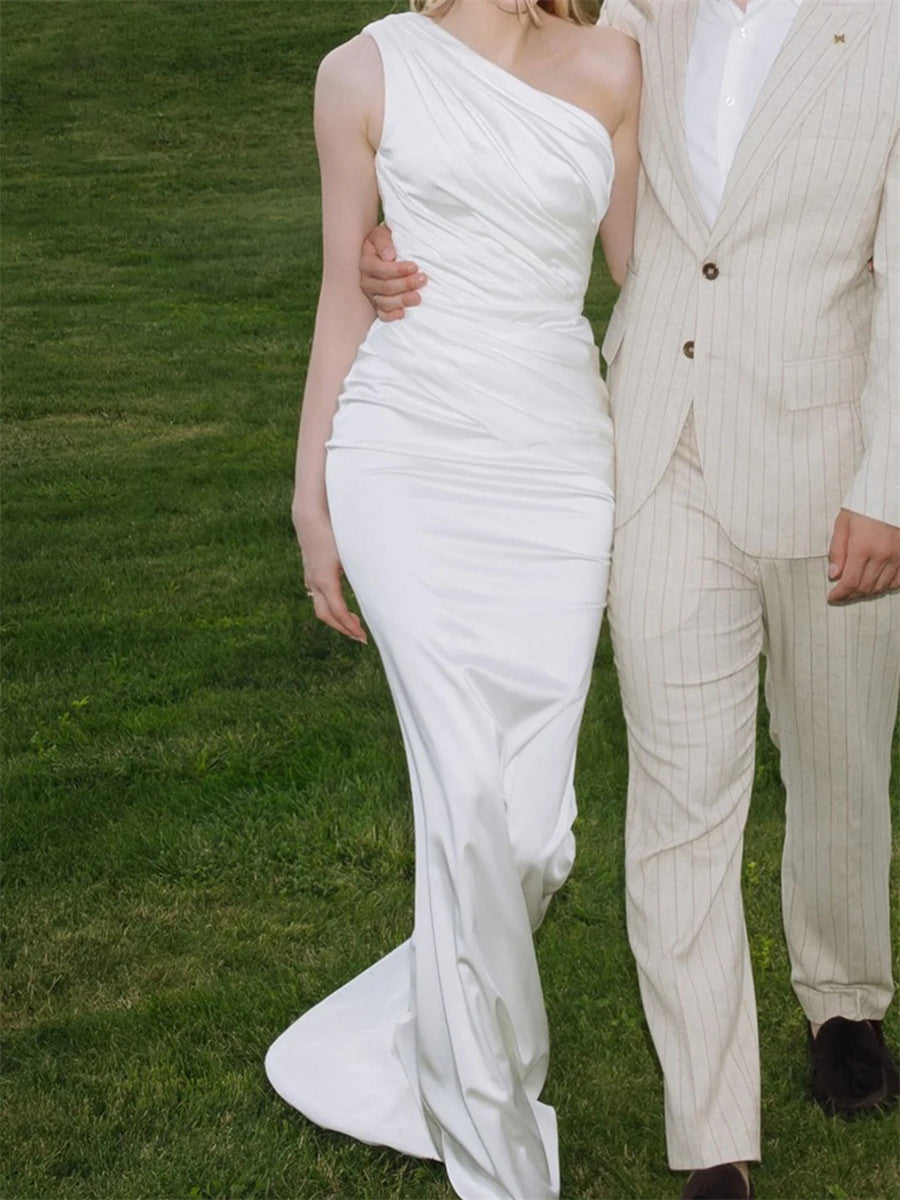 Sheath/Column One-Shoulder Pleated Sweep Train Charmeuse Corset Wedding Dress
