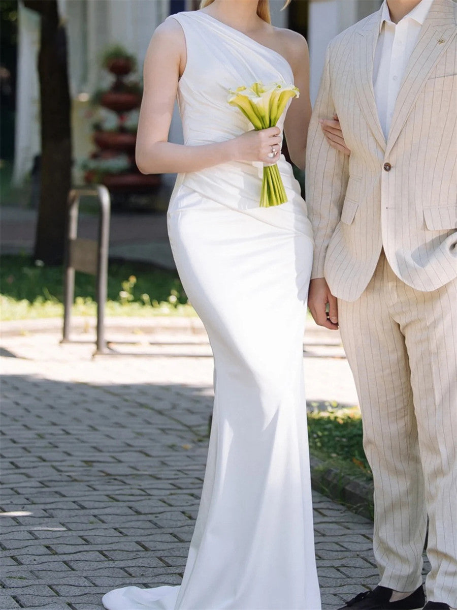 Sheath/Column One-Shoulder Pleated Sweep Train Charmeuse Corset Wedding Dress
