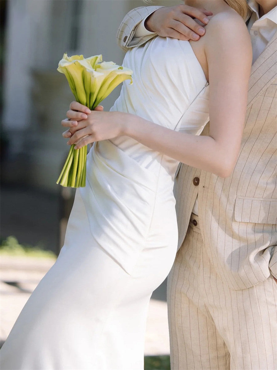 Sheath/Column One-Shoulder Pleated Sweep Train Charmeuse Corset Wedding Dress