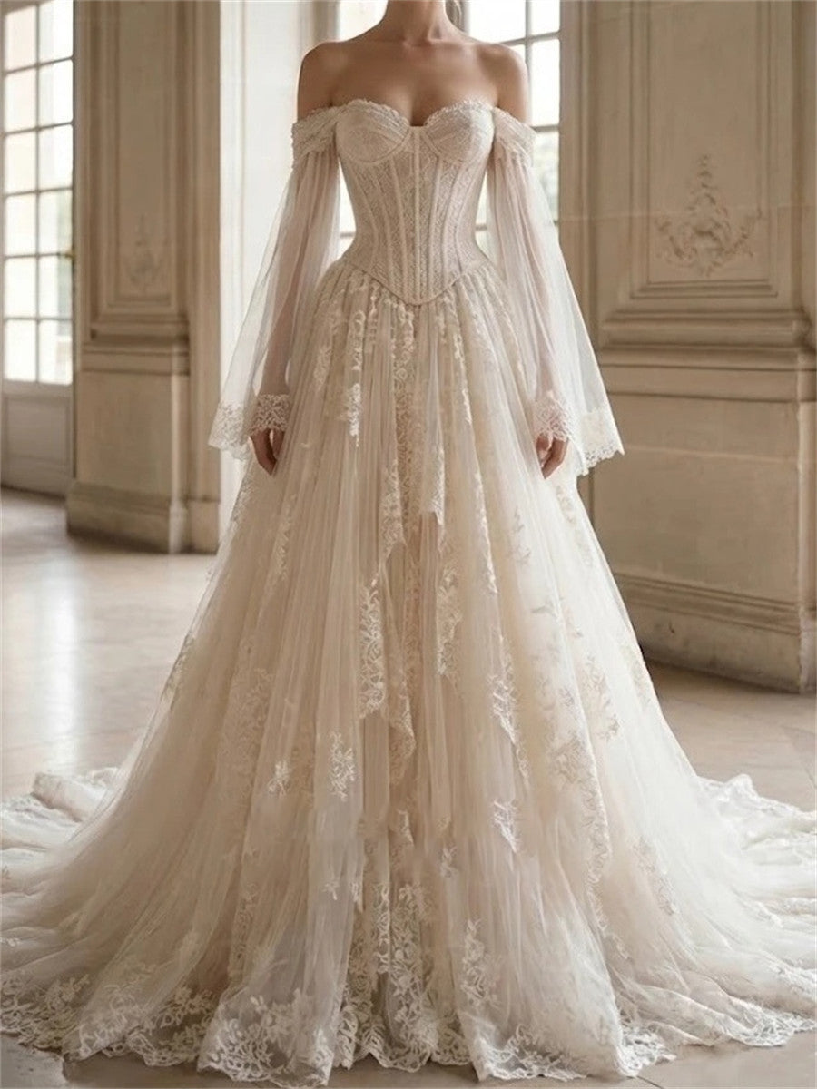 A-line/Princess Off-the-Shoulder Long Sleeves Appliques Lace Court Train Tulle Corset Wedding Dress