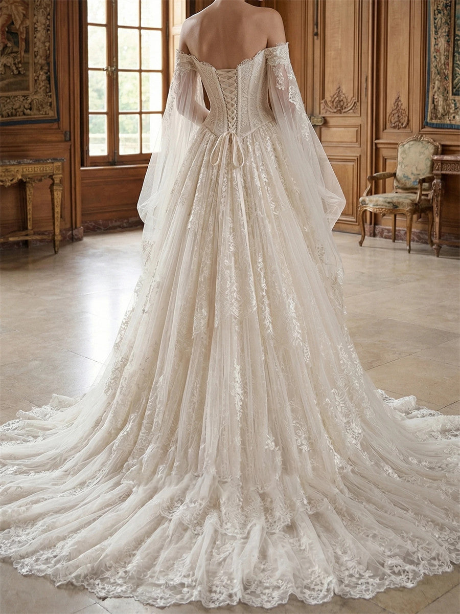 A-line/Princess Off-the-Shoulder Long Sleeves Appliques Lace Court Train Tulle Corset Wedding Dress