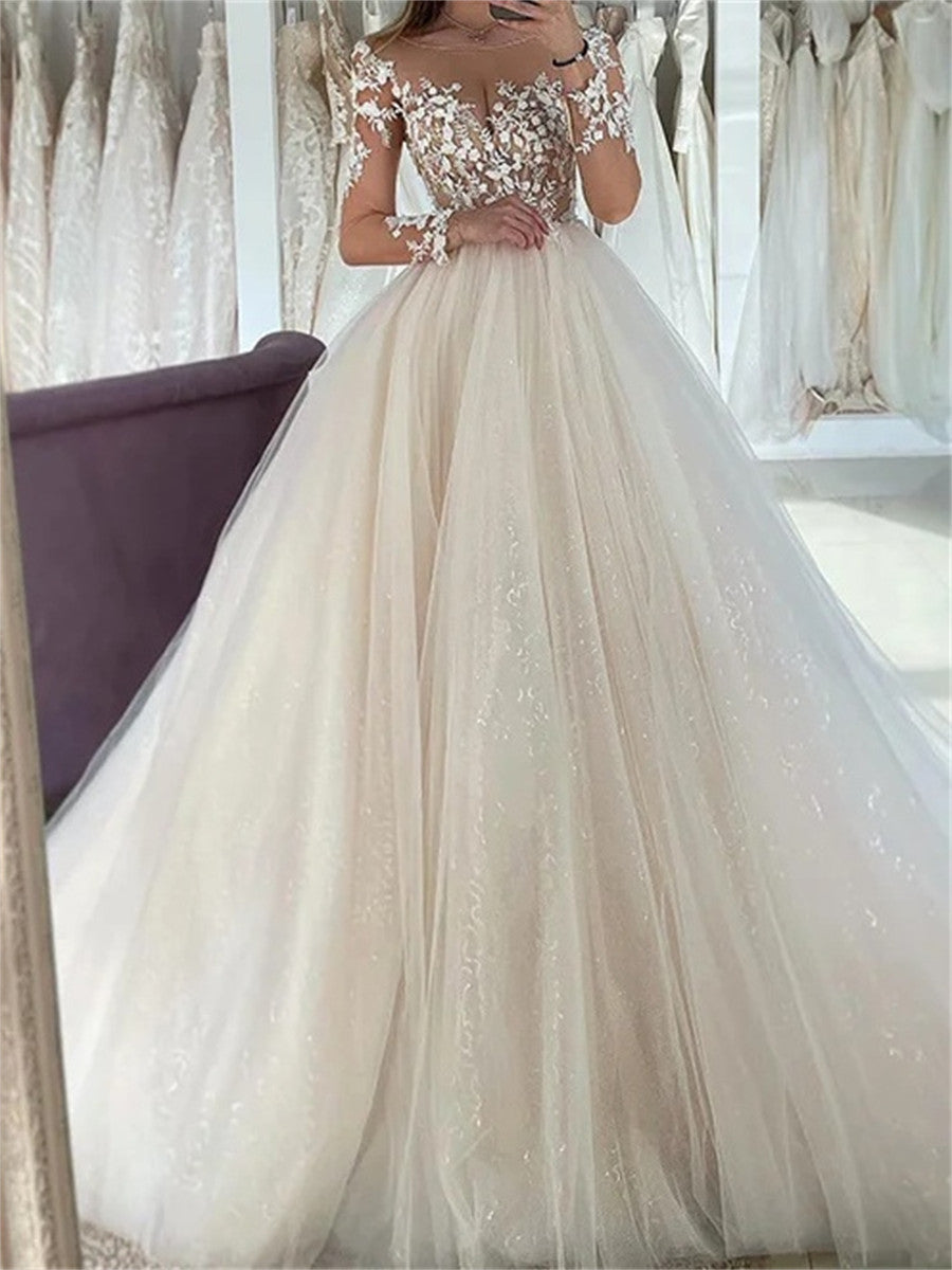 A-line/Princess Scoop Long Sleeves Appliques Lace Court Train Tulle Corset Wedding Dress