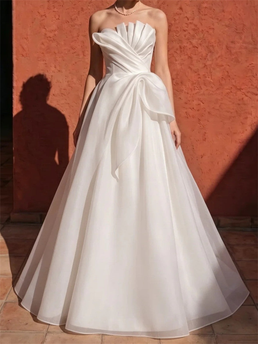 A-line/Princess Straight Pleated Sweep Train Organza Corset Wedding Dress
