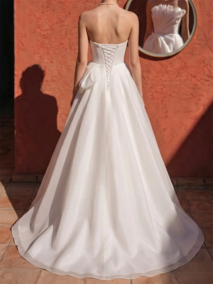 A-line/Princess Straight Pleated Sweep Train Organza Corset Wedding Dress