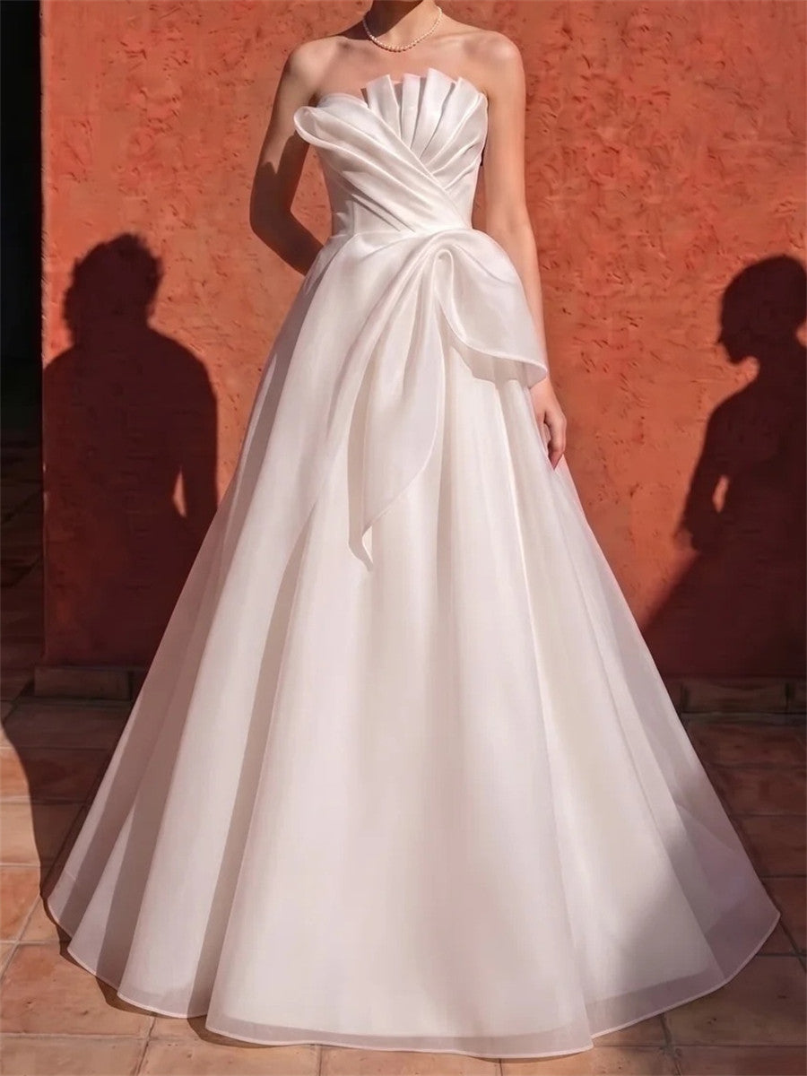 A-line/Princess Straight Pleated Sweep Train Organza Corset Wedding Dress