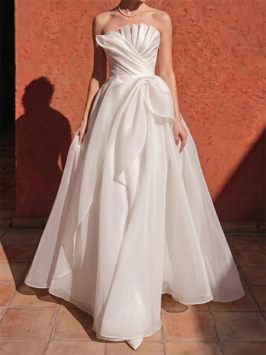 A-line/Princess Straight Pleated Sweep Train Organza Corset Wedding Dress