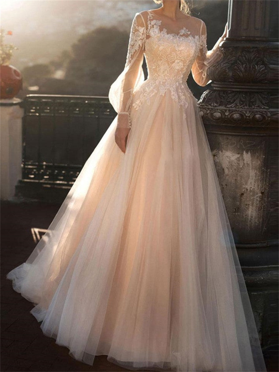 A-line/Princess Scoop Long Sleeves Appliques Lace Sweep Train Tulle Corset Wedding Dress