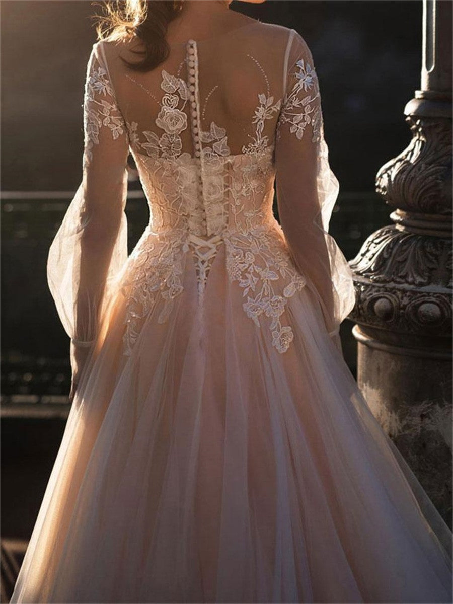 A-line/Princess Scoop Long Sleeves Appliques Lace Sweep Train Tulle Corset Wedding Dress