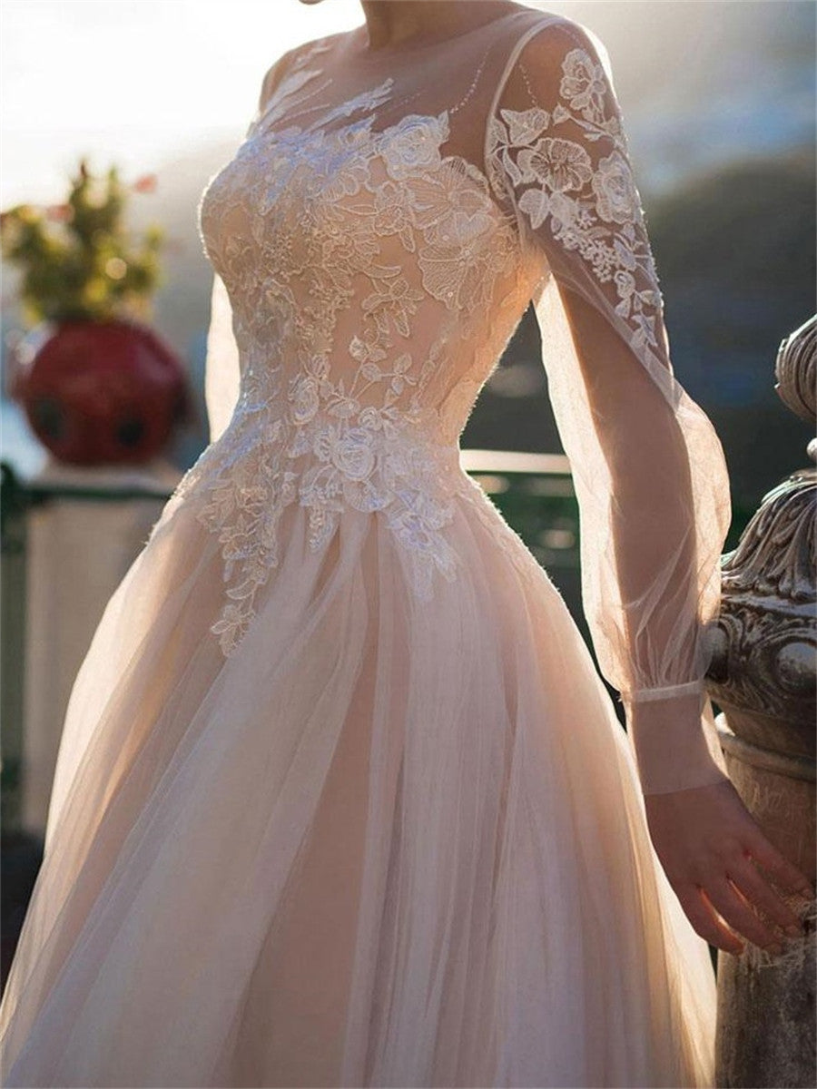 A-line/Princess Scoop Long Sleeves Appliques Lace Sweep Train Tulle Corset Wedding Dress