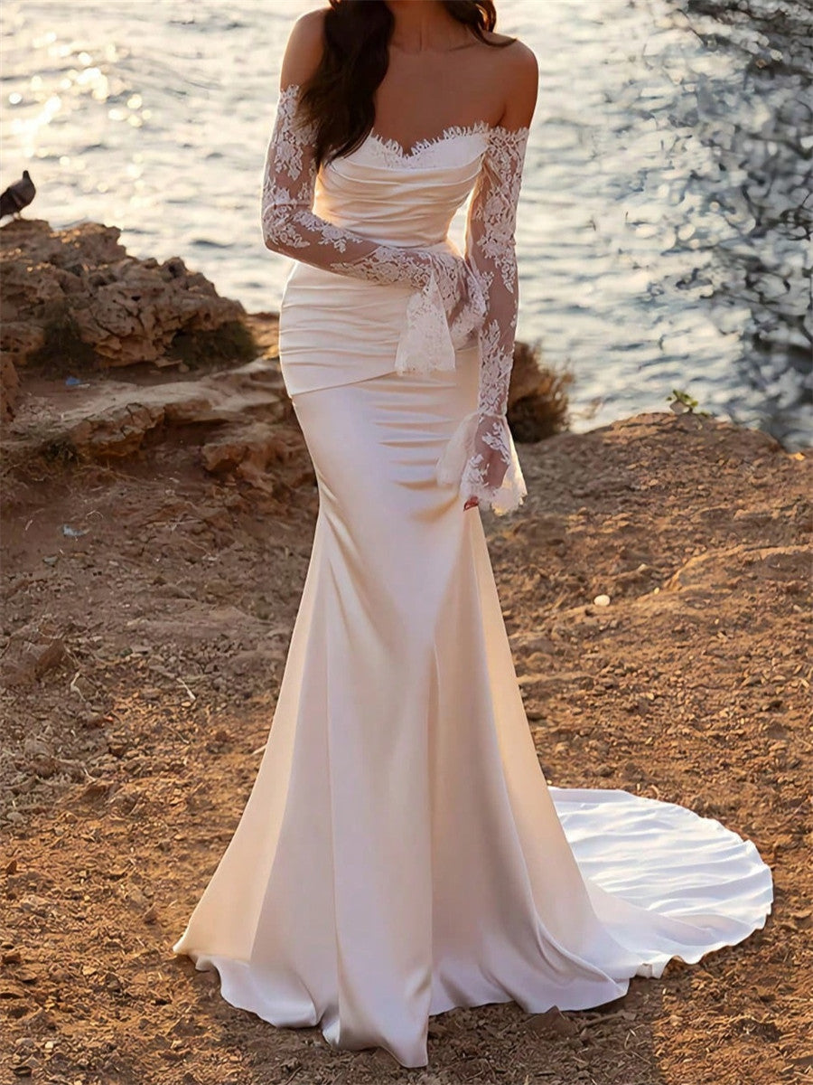 Sheath/Column Off-the-Shoulder Long Sleeves Appliques Lace Court Train Charmeuse Corset Wedding Dress